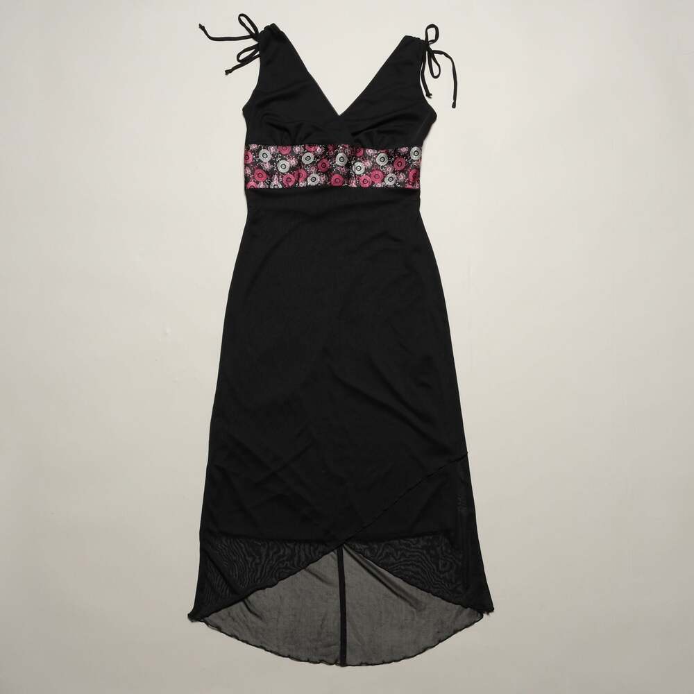 Vintage Y2K Black V-Neck Sleeveless Fairy Dress with Pink Floral Detail Size S